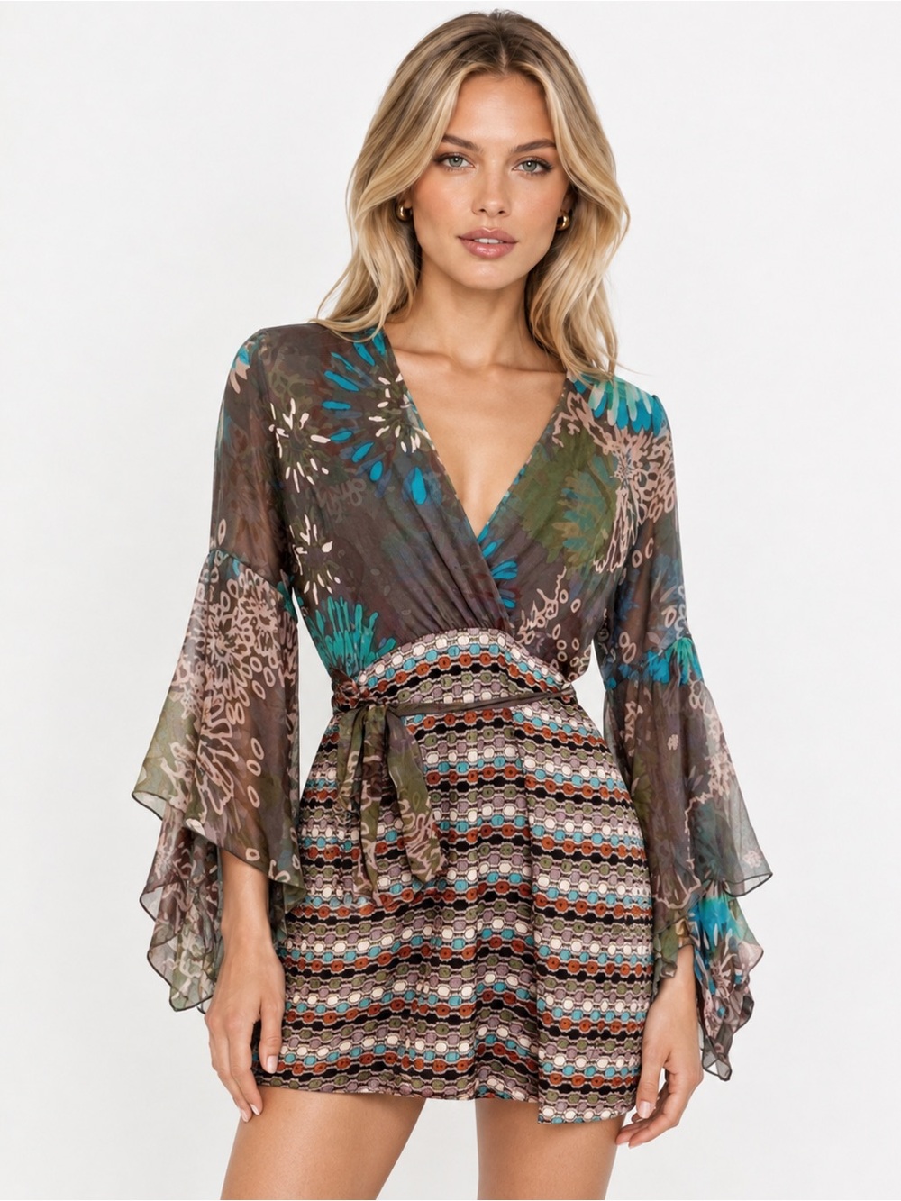 Missoni Brown and Teal Printed Wrap Mini Dress